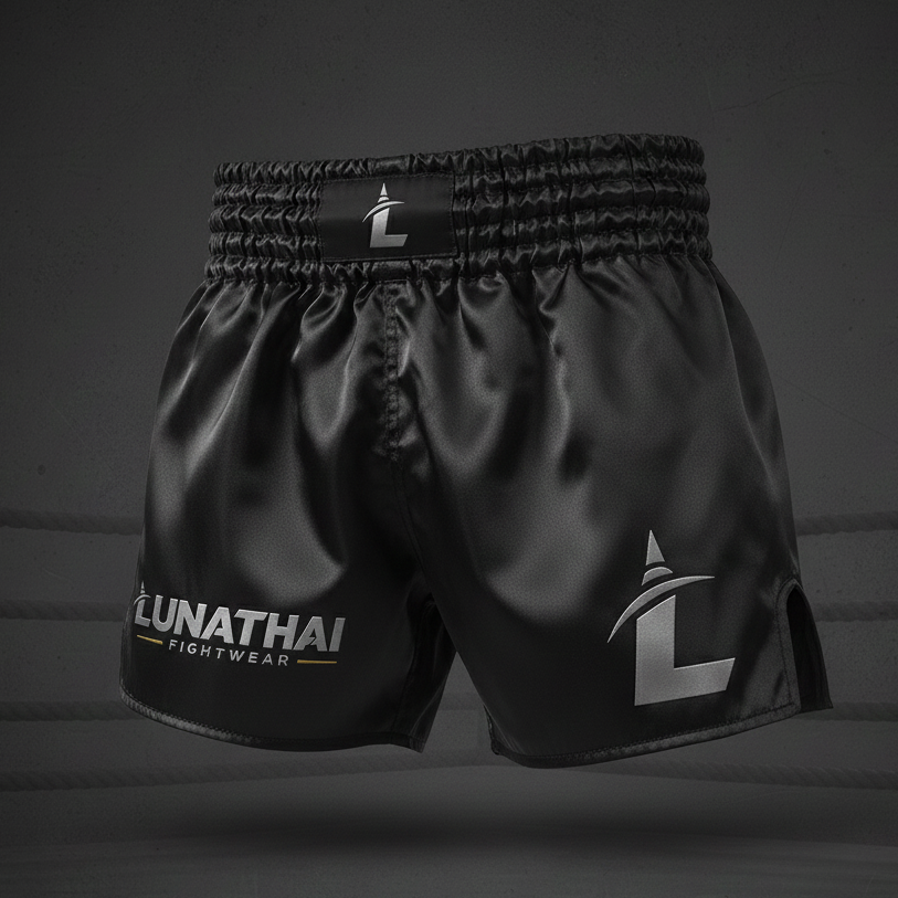 Black Muay Thai shorts with 'Lunathai Fightwear' branding on a dark background