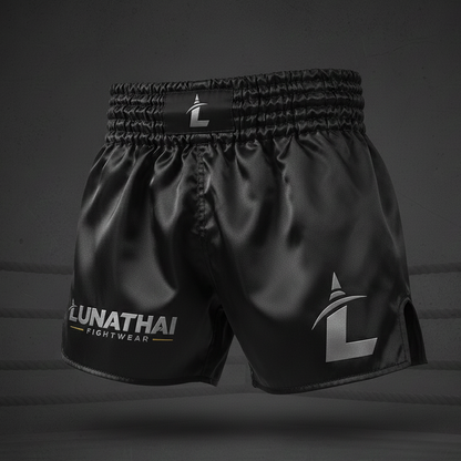 Black Muay Thai shorts with 'Lunathai Fightwear' branding on a dark background