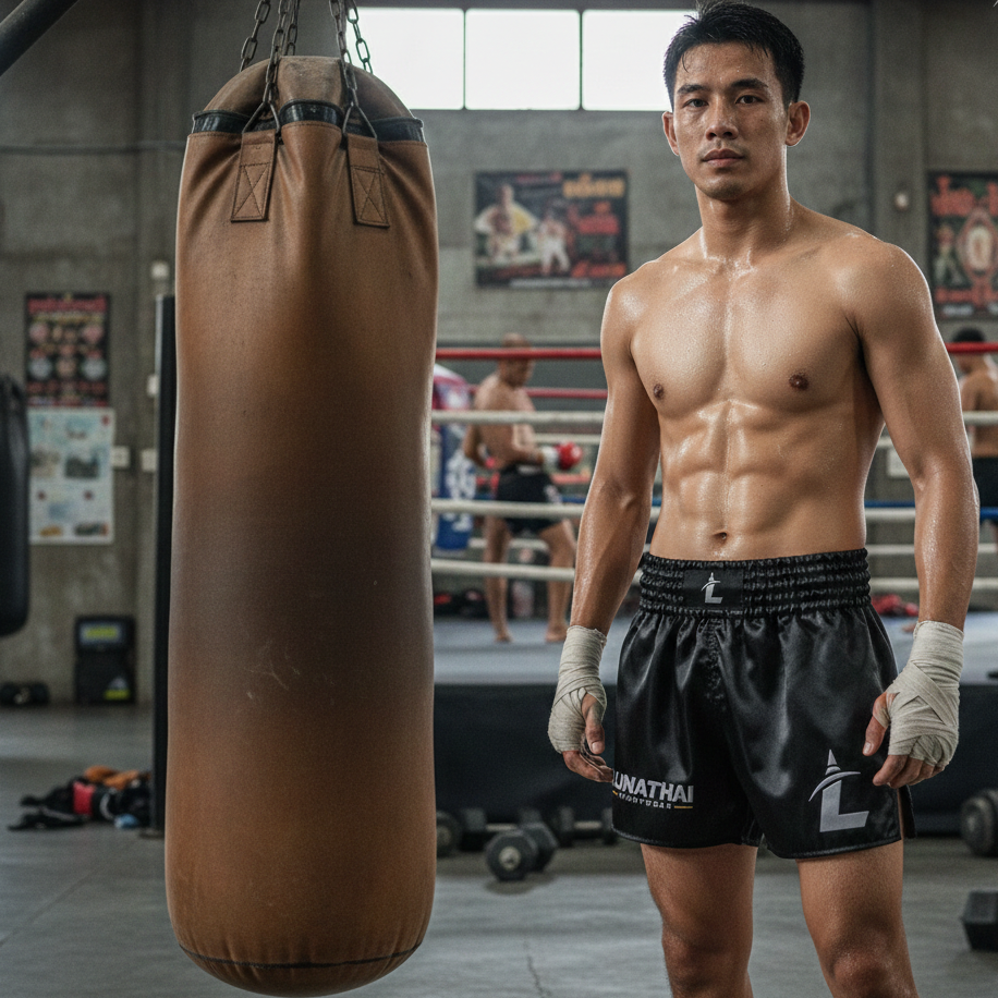 Boxer in a gym standing next to a punching bag